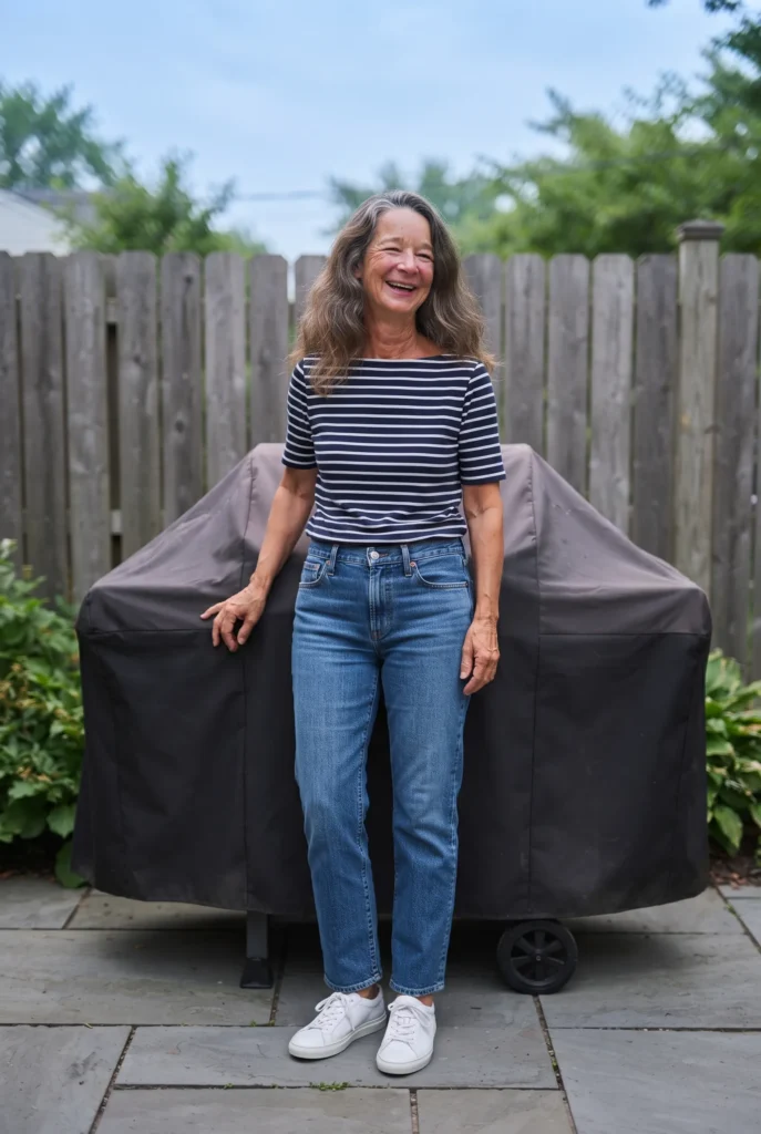 Fourth of July Outfits for Women Over 40 That Look Best and Feel Easy 6 Woman over 40 in a striped tee and straight-leg jeans at a backyard grill