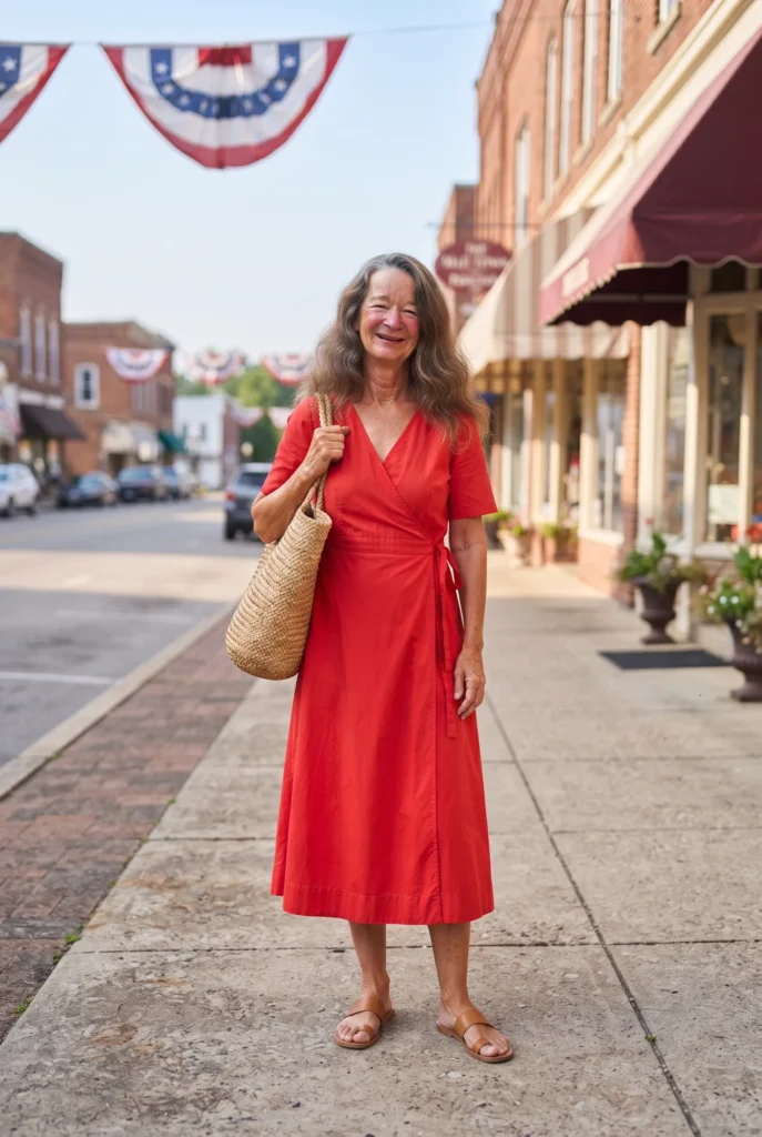 Fourth of July Outfits for Women Over 40 That Look Best and Feel Easy 7 Red cotton wrap dress and flat sandals at a summer parade