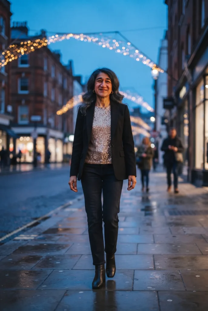 Christmas Outfits For Ladies Over 40: Best Essential Looks for Every Holiday Plan 7 Woman in a sequin top and black blazer on a lit city street