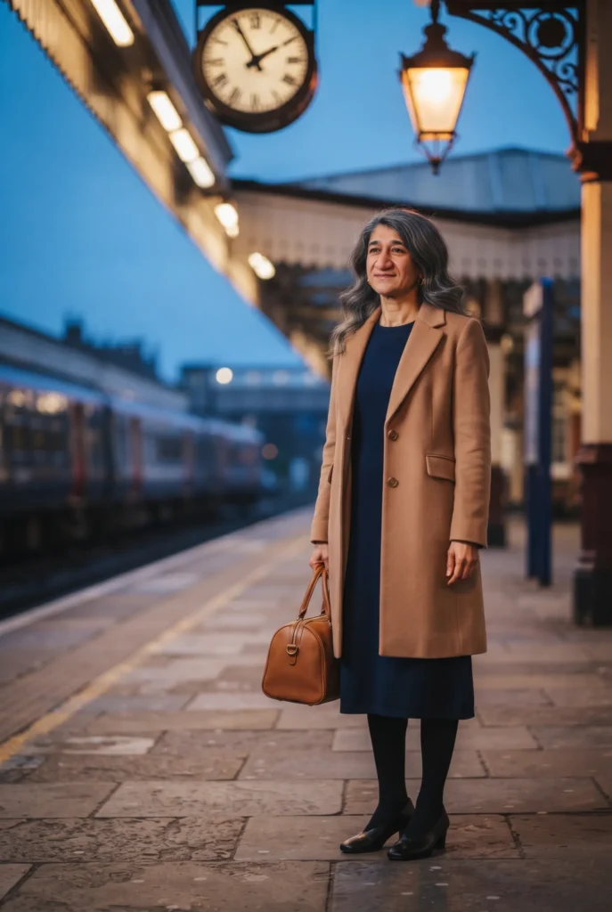Christmas Outfits For Ladies Over 40: Best Essential Looks for Every Holiday Plan 8 Woman in a camel coat and navy dress on a train platform