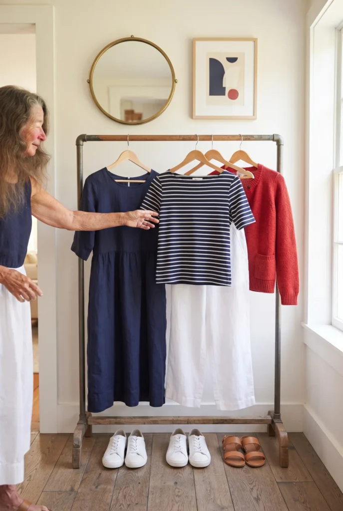 Fourth of July Outfits for Women Over 40 That Look Best and Feel Easy 9 Closet rail laid out with Fourth of July outfits for women over 40