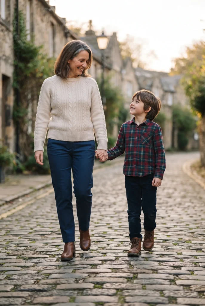 Mommy and Son Christmas Outfits: 13 Proven Ideas, Fabrics, and Mistakes to Avoid 12 Mother and son in brown leather boots walking on a cobbled lane