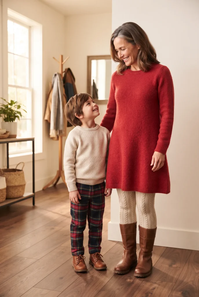 Mommy and Son Christmas Outfits: 13 Proven Ideas, Fabrics, and Mistakes to Avoid 4 Mother and son in red and cream coordinated mommy and son Christmas outfits in an entryway