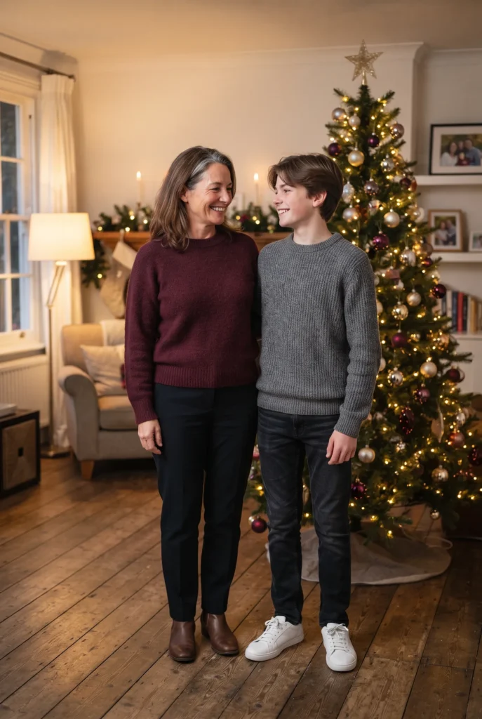 Mommy and Son Christmas Outfits: 13 Proven Ideas, Fabrics, and Mistakes to Avoid 15 Mother and teenage son in burgundy and gray in a living room