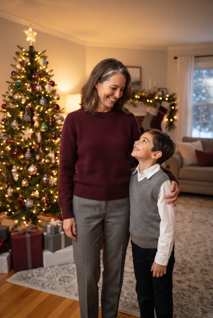 Mommy and Son Christmas Outfits: 13 Proven Ideas, Fabrics, and Mistakes to Avoid 3 Mother and young son in coordinated burgundy and gray outfits beside a Christmas tree