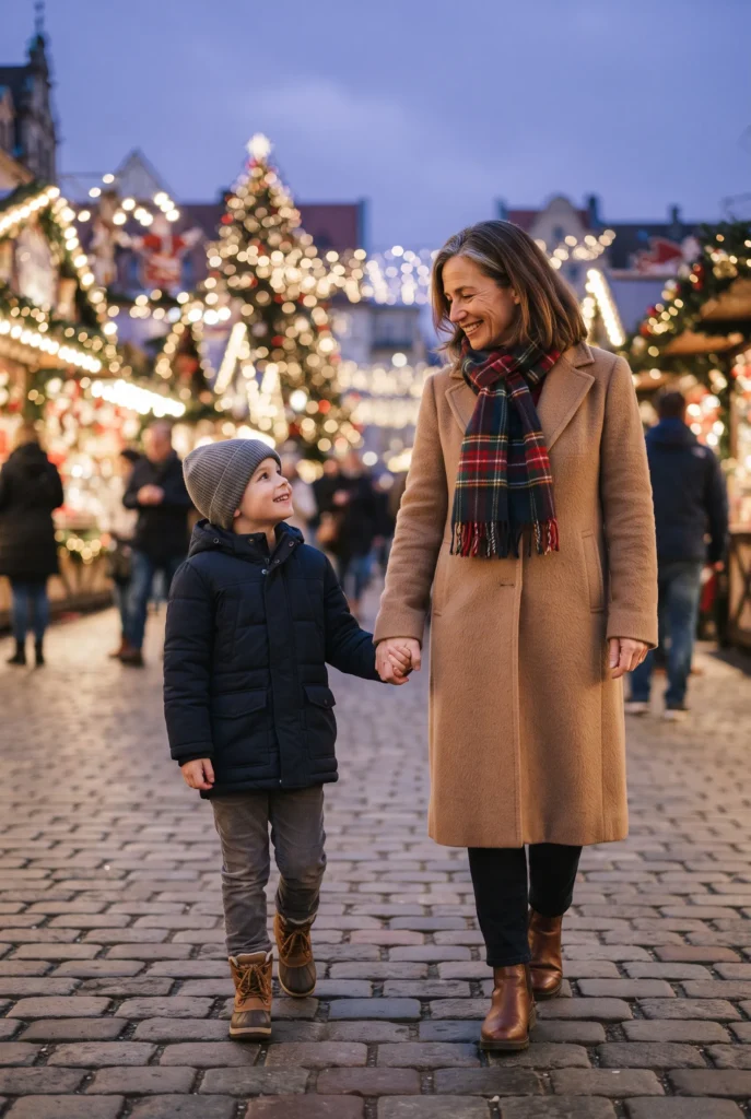 Mommy and Son Christmas Outfits: 13 Proven Ideas, Fabrics, and Mistakes to Avoid 14 Mother in a camel coat and son in a navy coat at a Christmas market