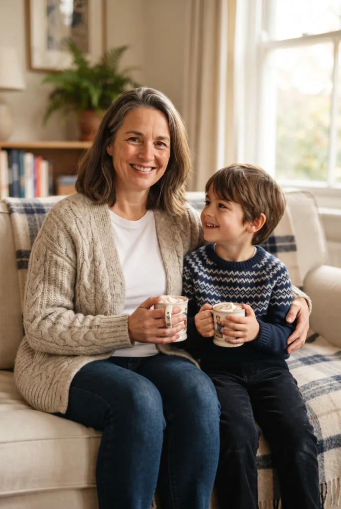 Mommy and Son Christmas Outfits: 13 Proven Ideas, Fabrics, and Mistakes to Avoid 8 Mother in an oatmeal cardigan and son in a navy knit sweater on a sofa