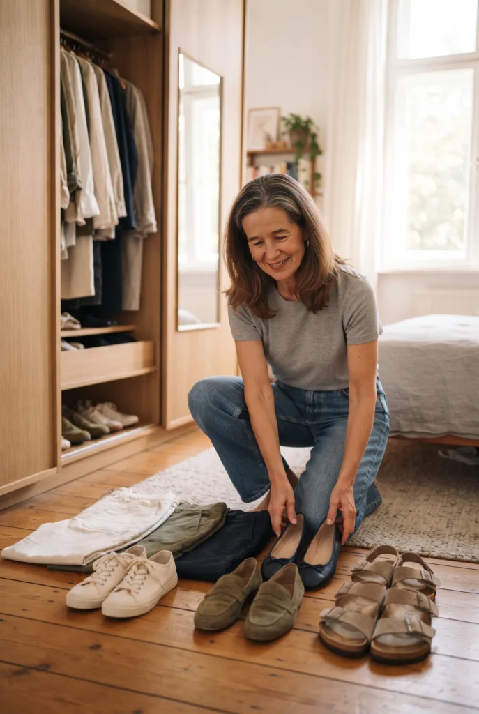 What Shoes to Wear With Linen Pants: Easy Pairs and 5 Mistakes to Avoid 9 Woman arranging four pairs of shoes beside folded linen pants by an open wardrobe