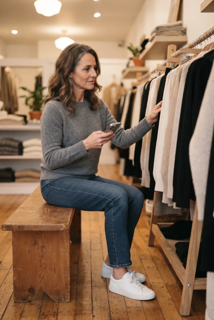Casual Outfits for 40 Year Old Woman: Best Everyday Looks That Actually Work 10 Woman browsing a boutique rack in a gray sweater and dark jeans, choosing casual outfits for 40 year old woman