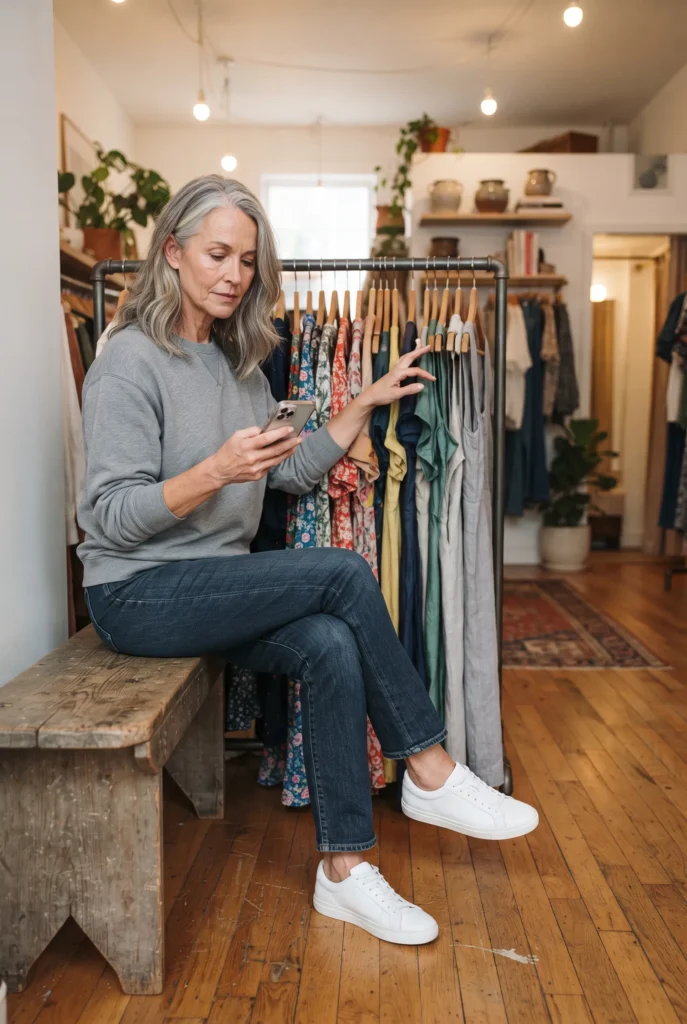 How to Dress an Hourglass with a Big Tummy: 5 Proven Ways That Flatter 10 Woman browsing a boutique rack in a gray sweater and dark jeans learning to copy style principles