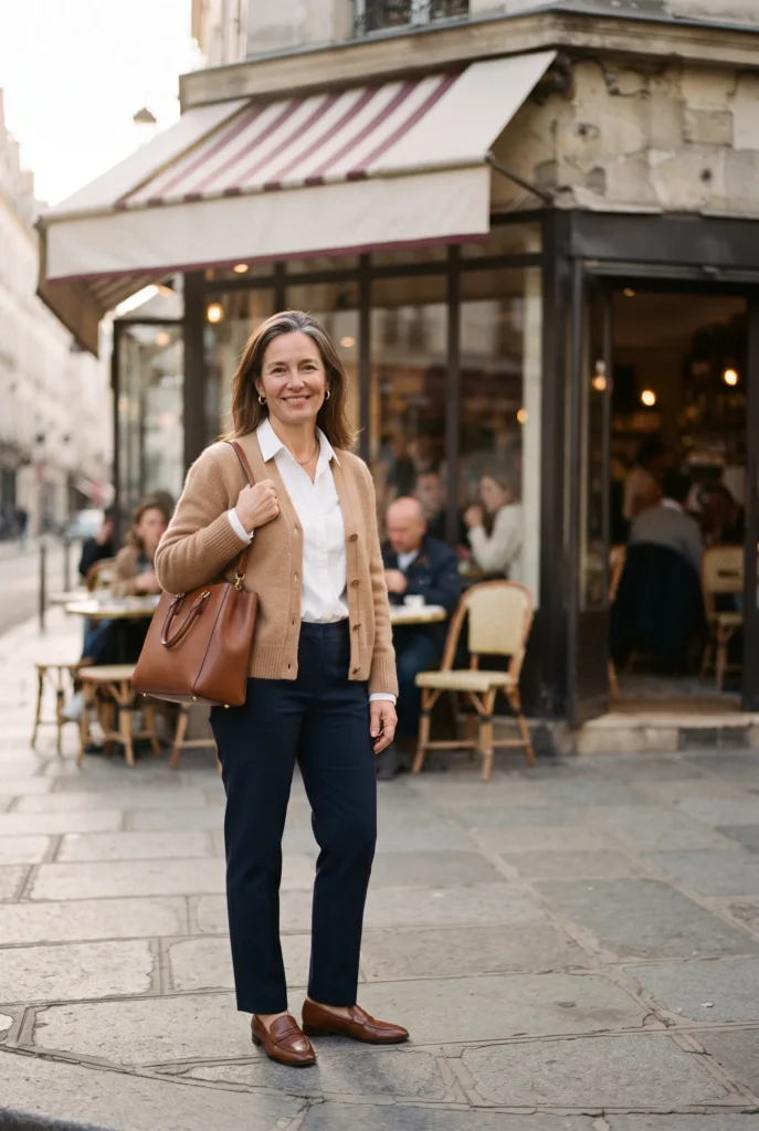 How to Look Expensive on a Budget: 13 Proven Tips and Mistakes to Avoid for Women Over 40 9 Woman carrying a structured brown tote outside a cafe
