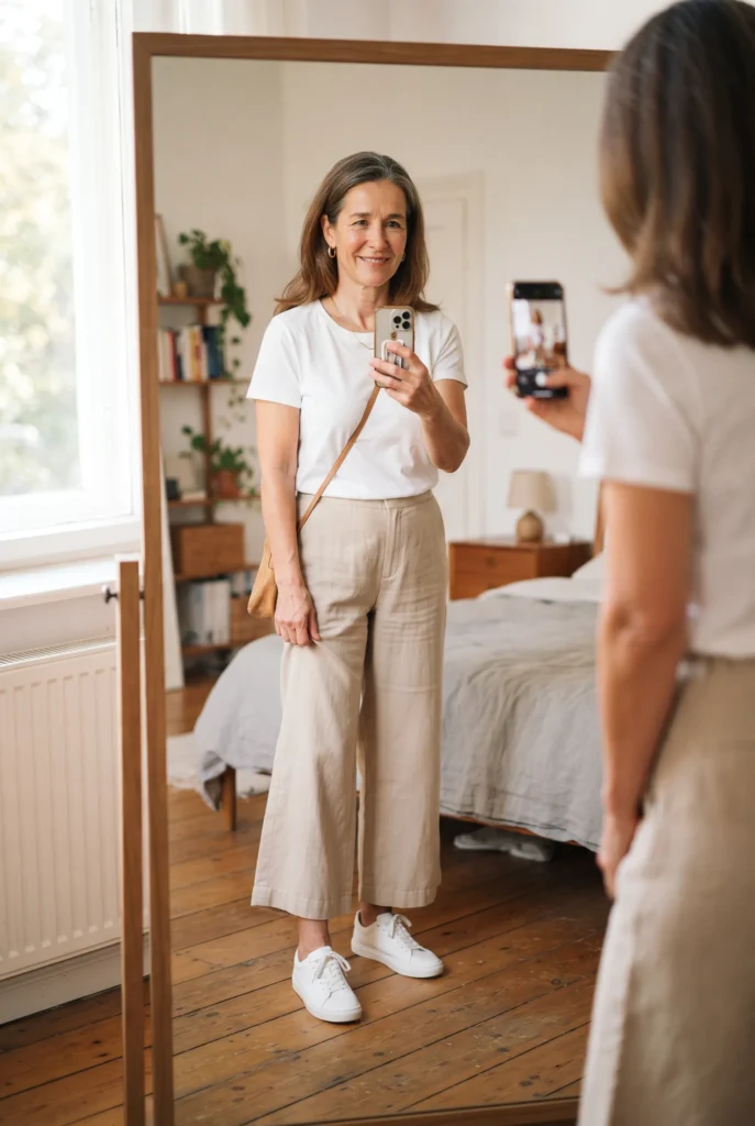 What Shoes to Wear With Linen Pants: Easy Pairs and 5 Mistakes to Avoid 8 Woman checking her linen pants hem in a bedroom mirror while wearing white sneakers