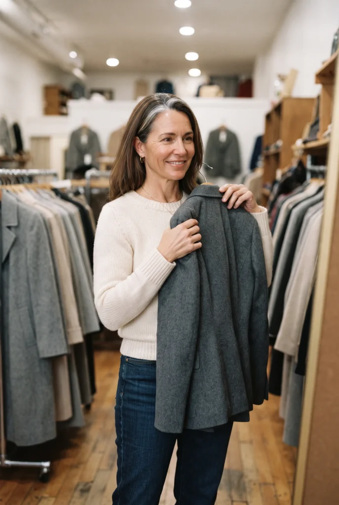 How to Look Expensive on a Budget: 13 Proven Tips and Mistakes to Avoid for Women Over 40 11 Woman holding a gray wool blazer at a thrift shop rack