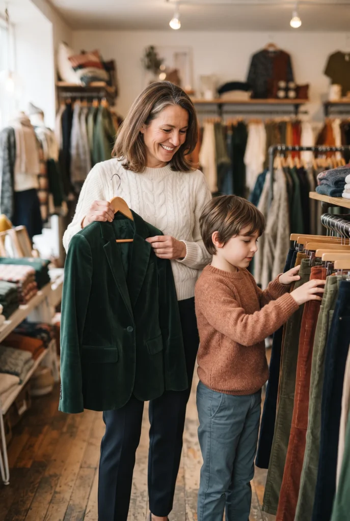 Mommy and Son Christmas Outfits: 13 Proven Ideas, Fabrics, and Mistakes to Avoid 7 Woman holding a green velvet blazer while her son touches corduroy trousers