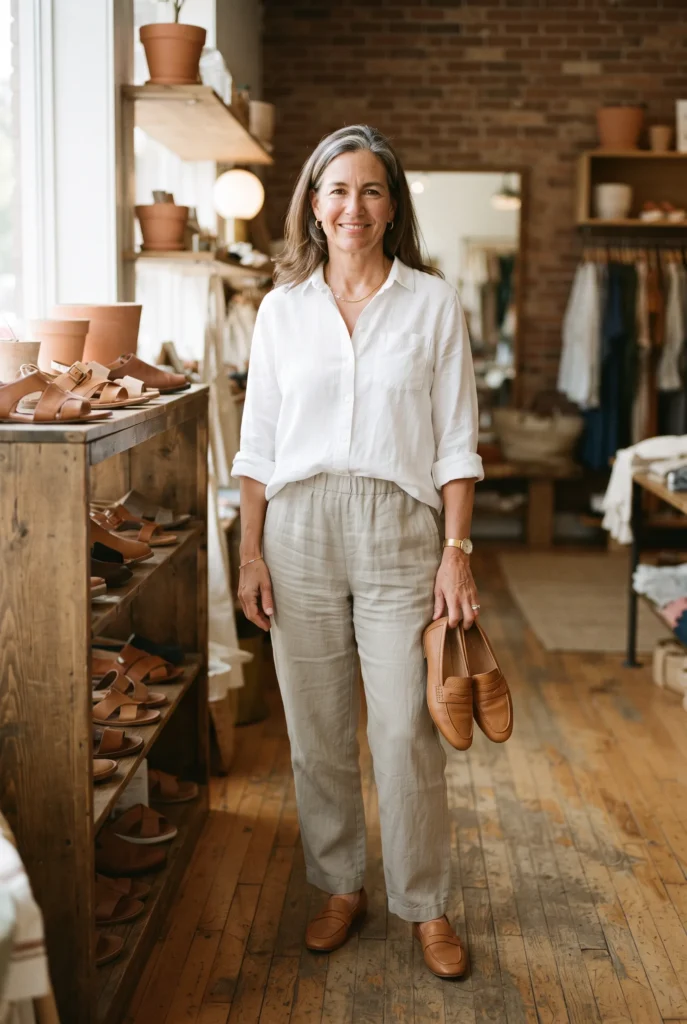 What Shoes to Wear With Linen Pants: Easy Pairs and 5 Mistakes to Avoid 2 Woman holding a tan loafer in a boutique, deciding what shoes to wear with linen pants