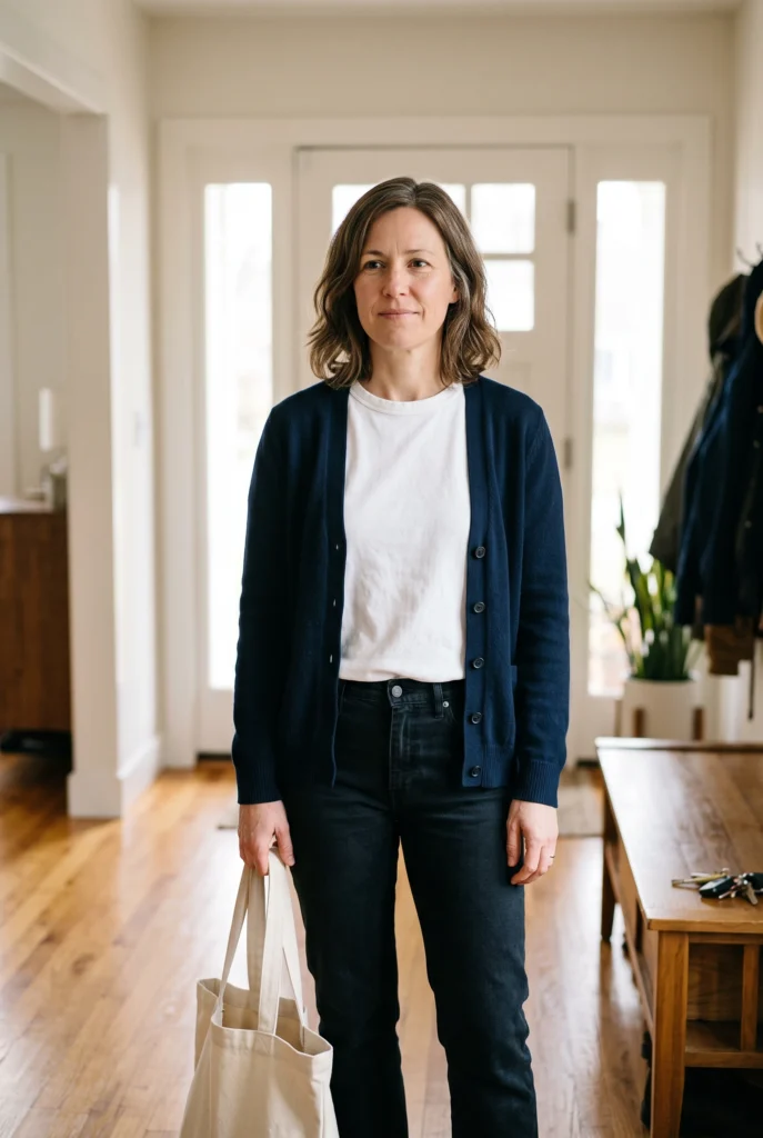 Casual Outfits for 40 Year Old Woman: Best Everyday Looks That Actually Work 3 Woman in a bright entryway wearing dark jeans, white tee, and navy cardigan in a casual outfits for 40 year old woman look