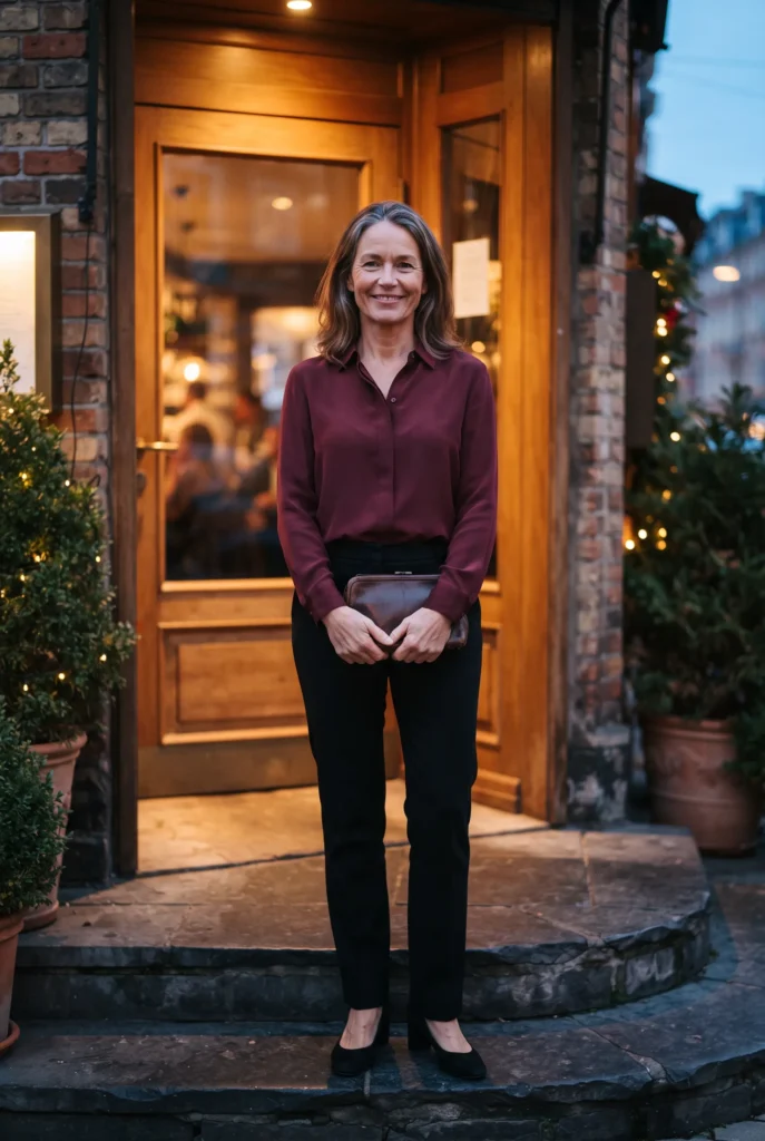 Classy Fall Outfits for Women Over 40: Proven Looks, Fabrics, and Mistakes to Avoid 15 Woman in a burgundy blouse and black trousers at a restaurant entrance
