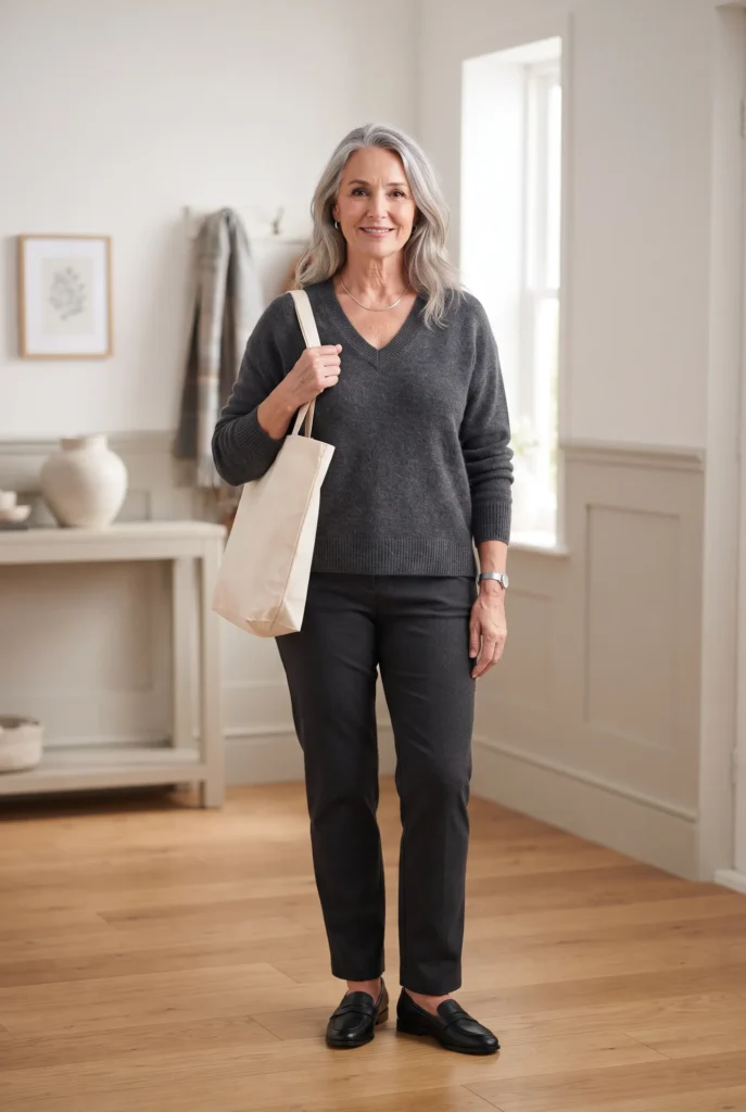 How to Dress an Hourglass with a Big Tummy: 5 Proven Ways That Flatter 3 Woman in a charcoal V neck knit and dark trousers in a bright entryway an easy hourglass outfit