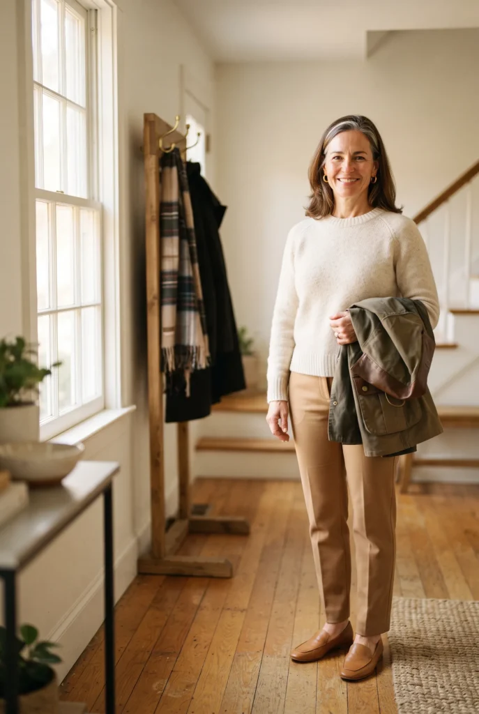 How to Look Expensive on a Budget: 13 Proven Tips and Mistakes to Avoid for Women Over 40 6 Woman in a cream knit and camel trousers in a bright entryway