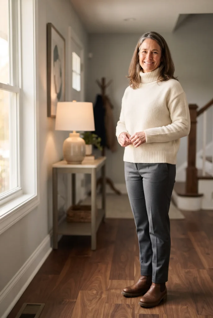 Classy Fall Outfits for Women Over 40: Proven Looks, Fabrics, and Mistakes to Avoid 4 Woman in a cream sweater and charcoal trousers standing in a bright entryway