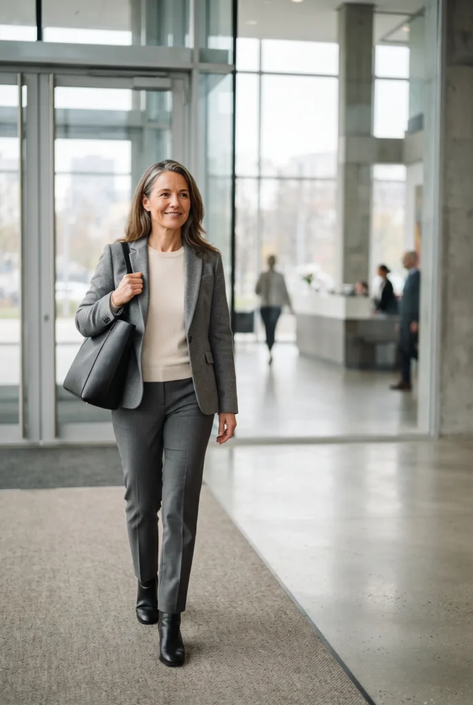 Classy Fall Outfits for Women Over 40: Proven Looks, Fabrics, and Mistakes to Avoid 13 Woman in a gray blazer and cream knit walking through an office lobby