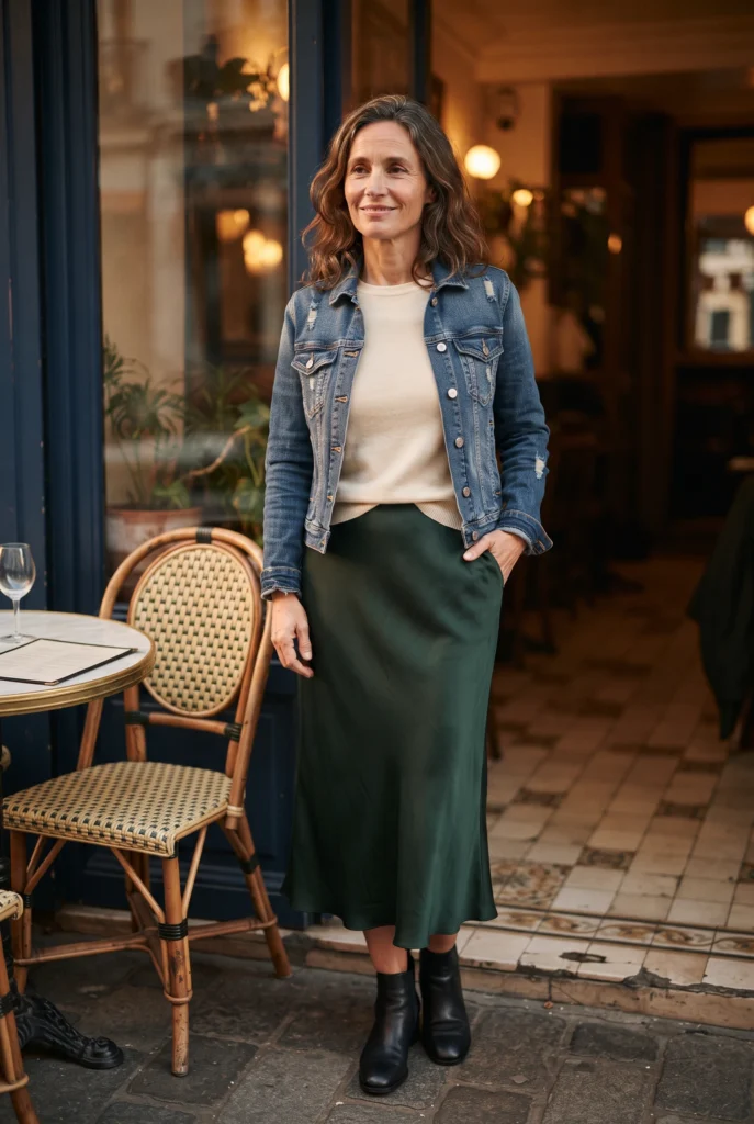 Casual Outfits for 40 Year Old Woman: Best Everyday Looks That Actually Work 9 Woman in a green slip skirt, cream sweater, and denim jacket at a bistro, a dressed-up casual look