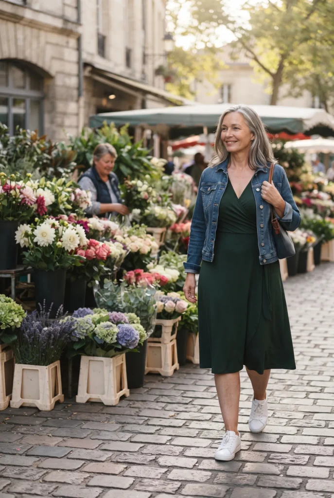 How to Dress an Hourglass with a Big Tummy: 5 Proven Ways That Flatter 4 Woman in a green wrap dress and denim jacket walking past a flower stall in a flattering casual look