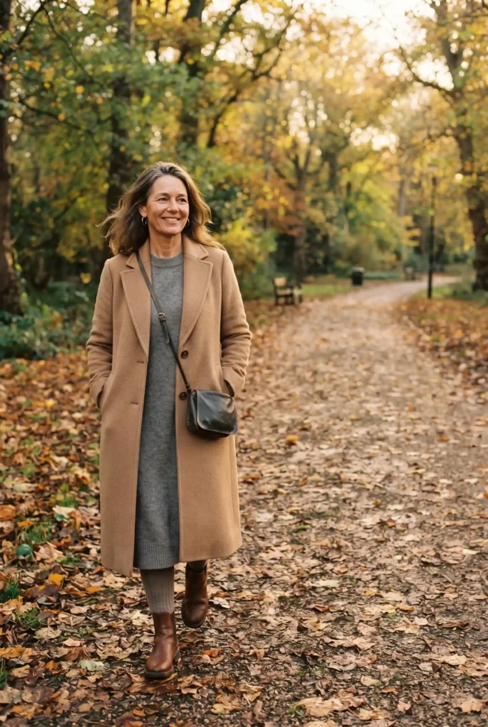 Classy Fall Outfits for Women Over 40: Proven Looks, Fabrics, and Mistakes to Avoid 2 Woman in a long camel coat walking through a park in autumn