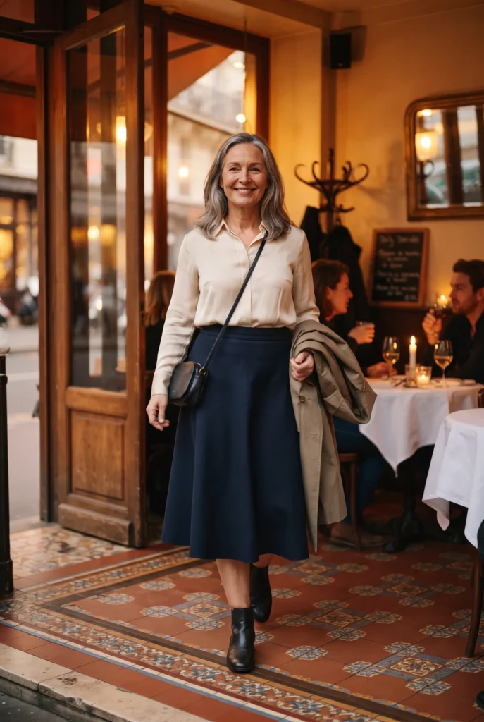 How to Dress an Hourglass with a Big Tummy: 5 Proven Ways That Flatter 7 Woman in a navy A line midi skirt and cream blouse entering a bistro for dinner