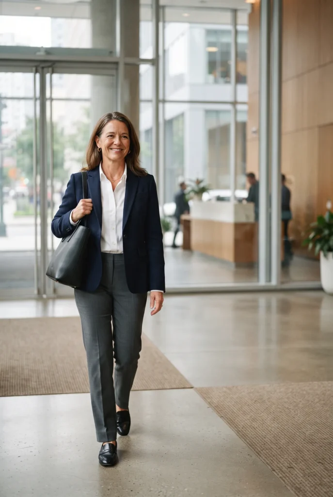 How to Look Expensive on a Budget: 13 Proven Tips and Mistakes to Avoid for Women Over 40 13 Woman in a navy blazer and gray trousers walking through an office lobby