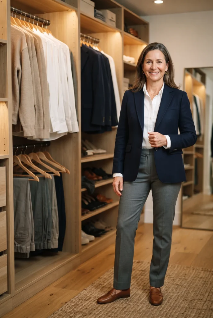 How to Look Expensive on a Budget: 13 Proven Tips and Mistakes to Avoid for Women Over 40 12 Woman in a navy blazer beside a tidy closet of neutral clothes