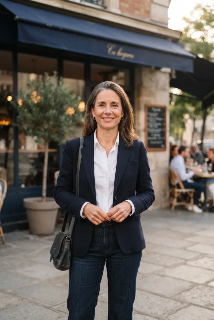 Classy Fall Outfits for Women Over 40: Proven Looks, Fabrics, and Mistakes to Avoid 6 Woman in a navy blazer, white shirt, and jeans outside a cafe