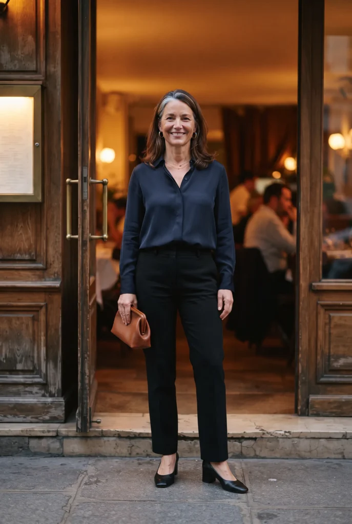 How to Look Expensive on a Budget: 13 Proven Tips and Mistakes to Avoid for Women Over 40 15 Woman in a navy blouse and black trousers at a restaurant entrance