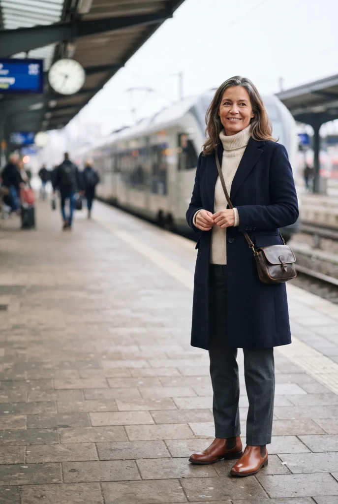 Classy Fall Outfits for Women Over 40: Proven Looks, Fabrics, and Mistakes to Avoid 16 Woman in a navy coat and brown boots on a train platform