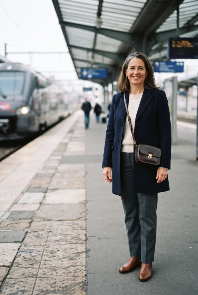 How to Look Expensive on a Budget: 13 Proven Tips and Mistakes to Avoid for Women Over 40 16 Woman in a navy coat and brown boots on a train platform