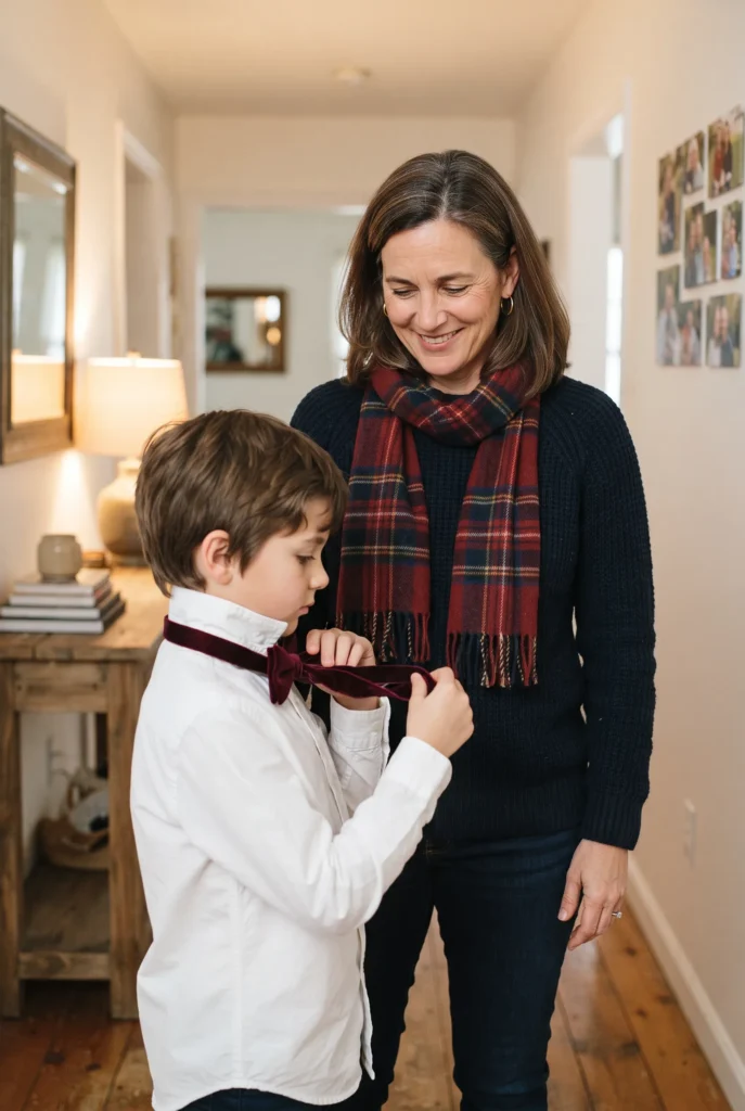 Mommy and Son Christmas Outfits: 13 Proven Ideas, Fabrics, and Mistakes to Avoid 13 Woman in a plaid scarf and her son adjusting a velvet bow tie in a hallway