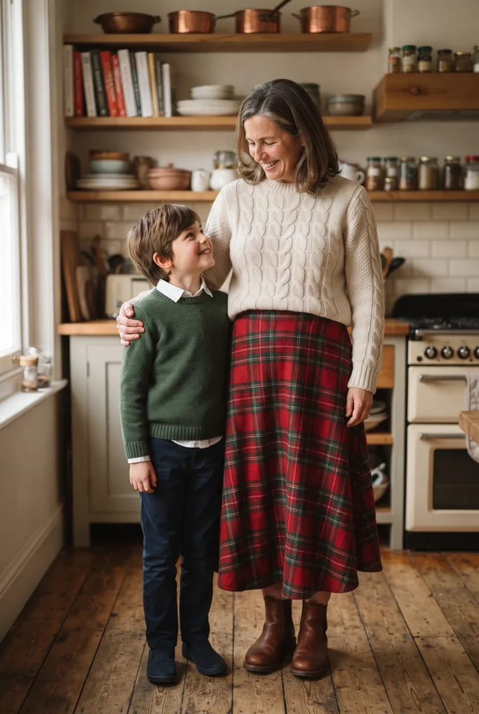 Mommy and Son Christmas Outfits: 13 Proven Ideas, Fabrics, and Mistakes to Avoid 5 Woman in a plaid skirt and her son in a green sweater in a kitchen
