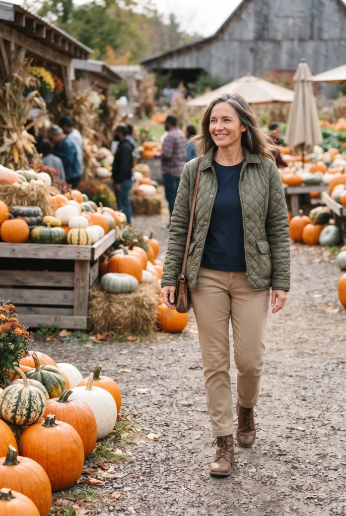 Classy Fall Outfits for Women Over 40: Proven Looks, Fabrics, and Mistakes to Avoid 14 Woman in a quilted olive jacket and boots at a fall farm stand