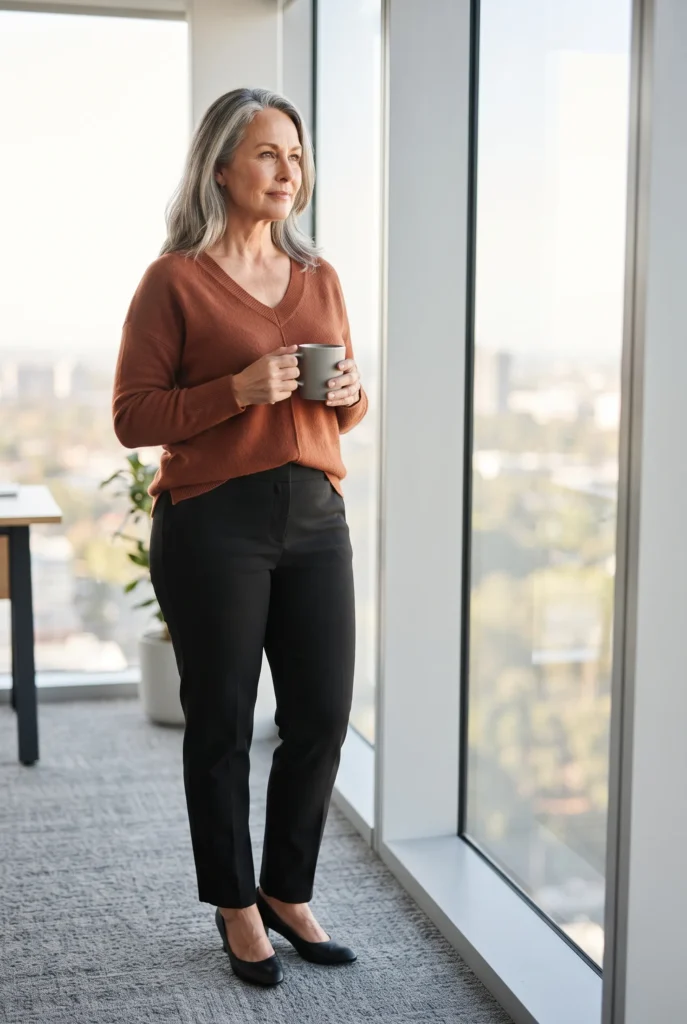 How to Dress an Hourglass with a Big Tummy: 5 Proven Ways That Flatter 6 Woman in a rust V neck knit and black trousers at an office window a draped top for an hourglass shape