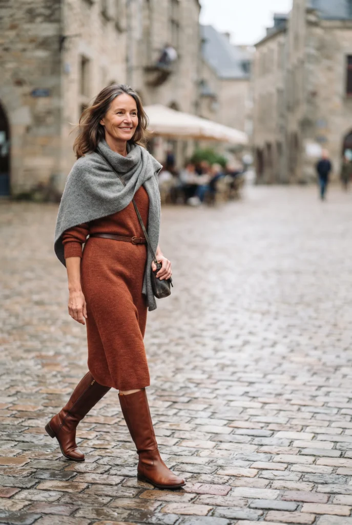 Classy Fall Outfits for Women Over 40: Proven Looks, Fabrics, and Mistakes to Avoid 9 Woman in a rust knit midi dress and tall boots crossing a cobbled square