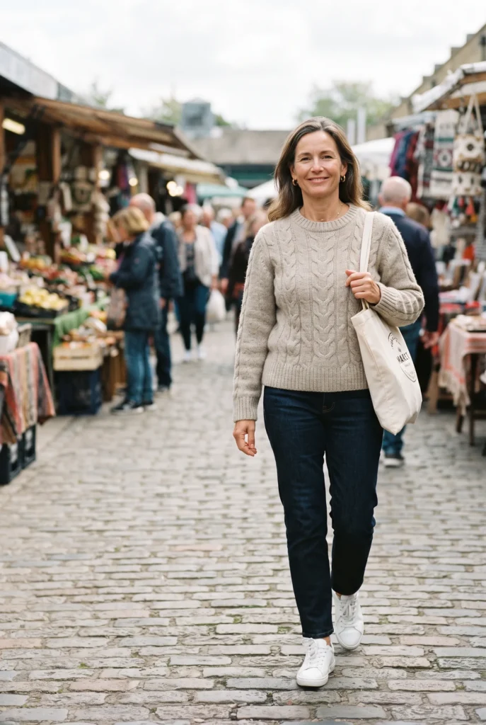How to Look Expensive on a Budget: 13 Proven Tips and Mistakes to Avoid for Women Over 40 14 Woman in an oatmeal sweater and dark jeans at a weekend market