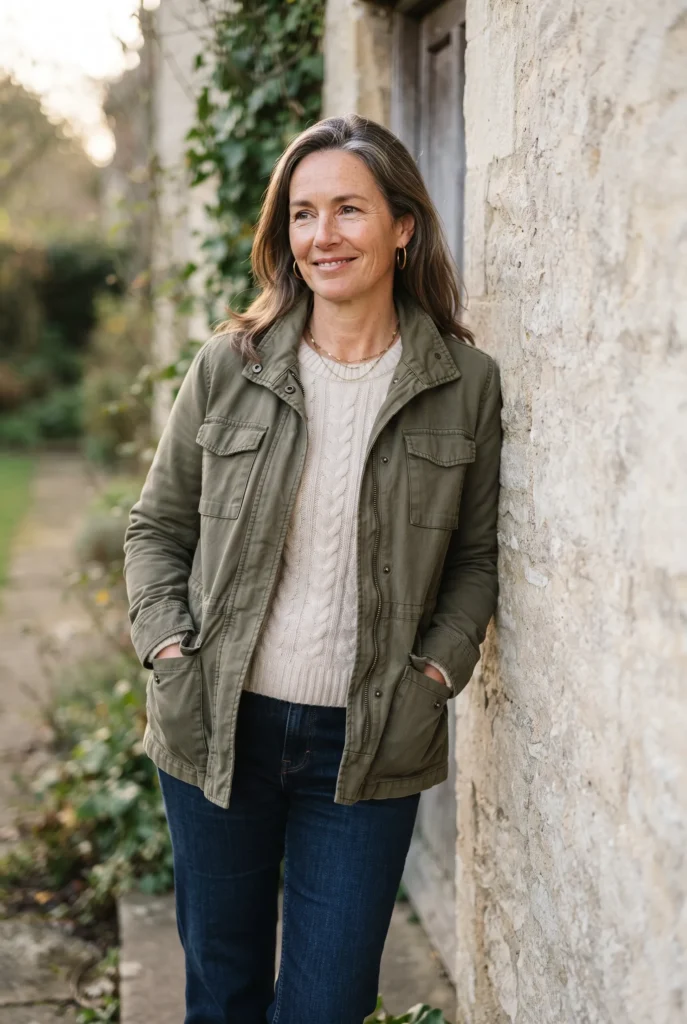 Classy Fall Outfits for Women Over 40: Proven Looks, Fabrics, and Mistakes to Avoid 11 Woman in an olive jacket and cream knit against a pale stone wall
