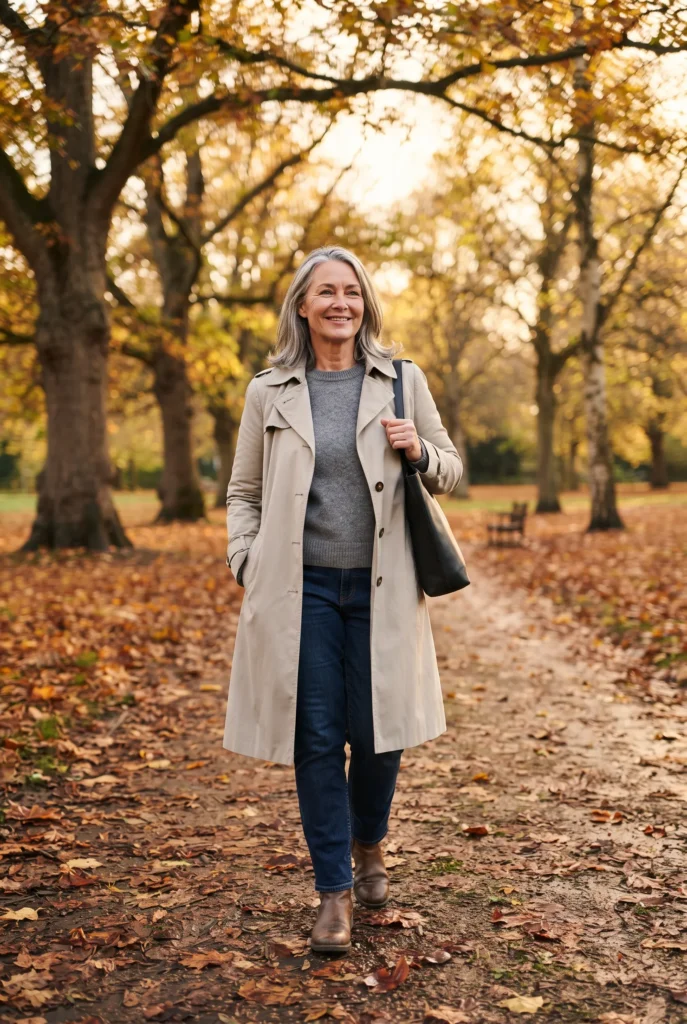 How to Dress an Hourglass with a Big Tummy: 5 Proven Ways That Flatter 8 Woman in an open stone trench over a gray knit and dark jeans on an autumn park path