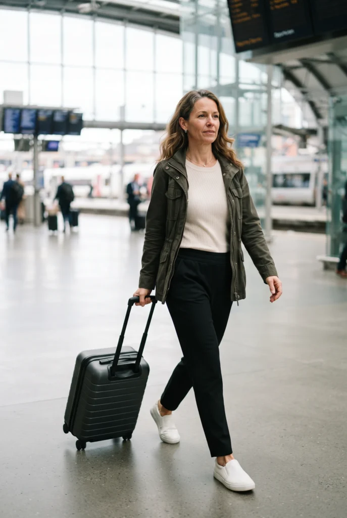 Casual Outfits for 40 Year Old Woman: Best Everyday Looks That Actually Work 8 Woman in black trousers, cream top, and olive jacket at a train station, a travel-ready casual outfit