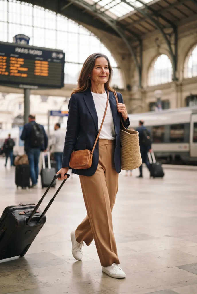 Old Money Outfits: 9 Proven Best Looks for a Quiet Luxury Wardrobe 10 Woman in blazer and camel trousers building old money outfits for travel