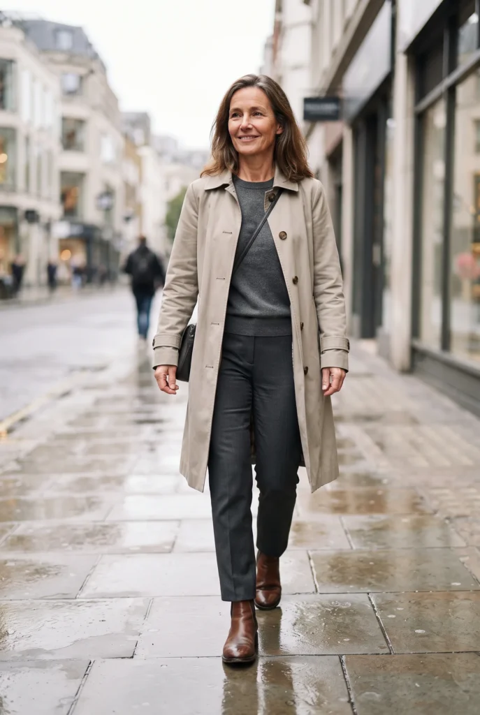 Classy Fall Outfits for Women Over 40: Proven Looks, Fabrics, and Mistakes to Avoid 10 Woman in brown leather ankle boots and a stone trench on a damp sidewalk