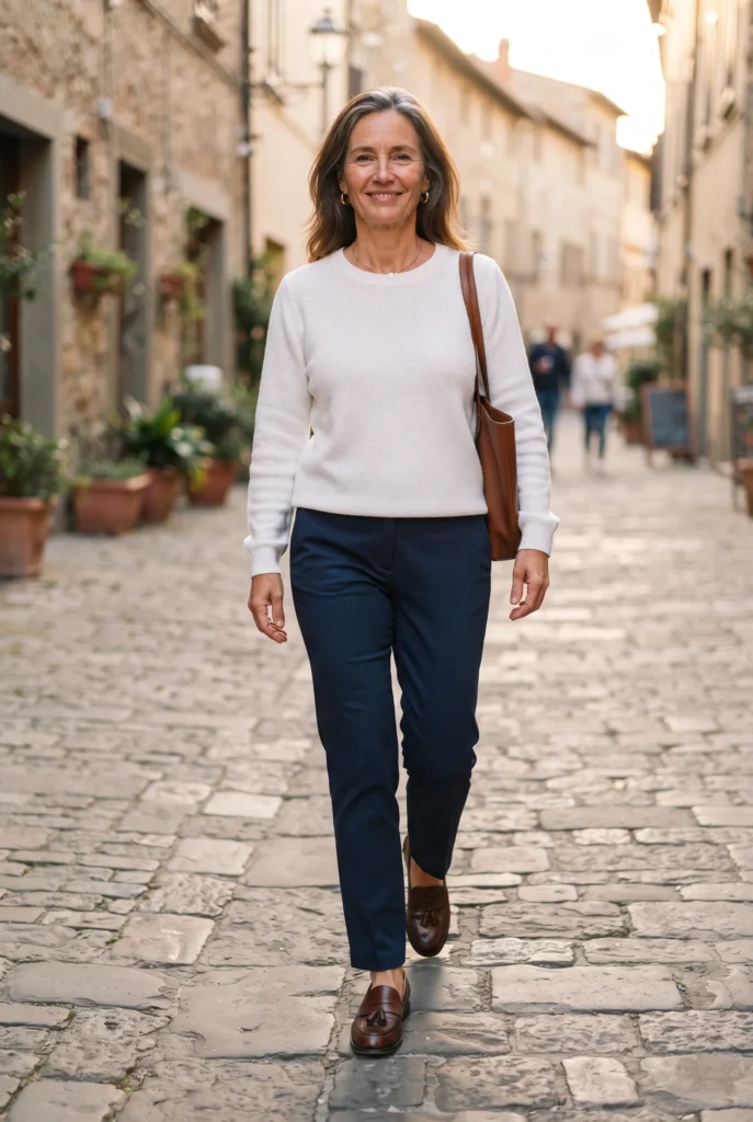How to Look Expensive on a Budget: 13 Proven Tips and Mistakes to Avoid for Women Over 40 8 Woman in brown leather loafers and navy trousers on a cobbled lane
