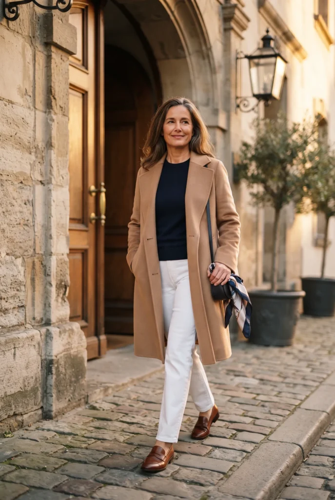 Old Money Outfits: 9 Proven Best Looks for a Quiet Luxury Wardrobe 5 Woman in camel coat and white trousers wearing old money outfits on a city street