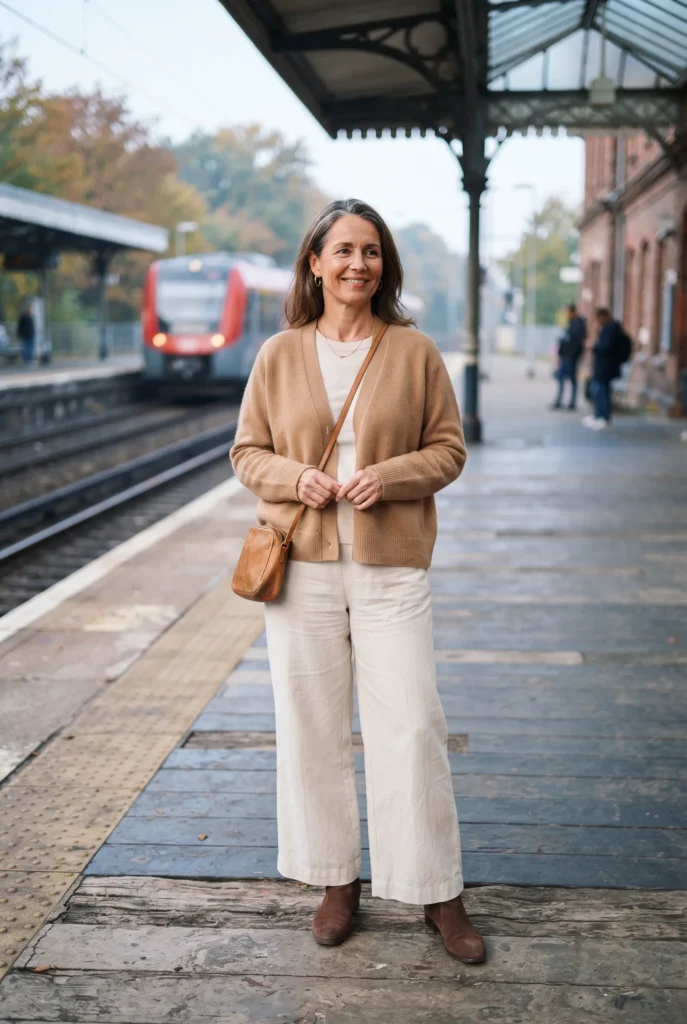 What Shoes to Wear With Linen Pants: Easy Pairs and 5 Mistakes to Avoid 7 Woman in cream linen pants and chocolate suede ankle boots on a train platform