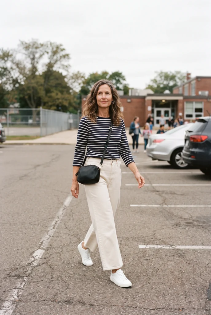 Casual Outfits for 40 Year Old Woman: Best Everyday Looks That Actually Work 5 Woman in cream wide-leg trousers, striped tee, and white sneakers during a school pickup casual outfit
